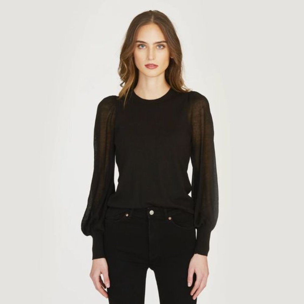 NWT Autumn Cashmere Black Crewneck Top with Sheer Bishop Sleeve XS